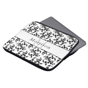 Elegantes Schwarz-Weiß-Französisches Damastmuster Laptopschutzhülle