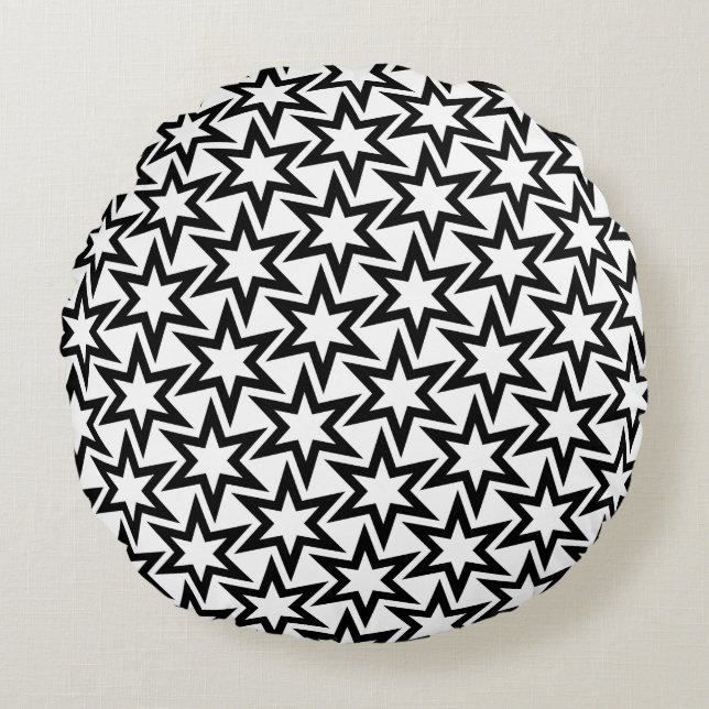 Elegantes Schwarz-Weiß-Geometrisches Sternmuster Rundes Kissen (Vorderseite)