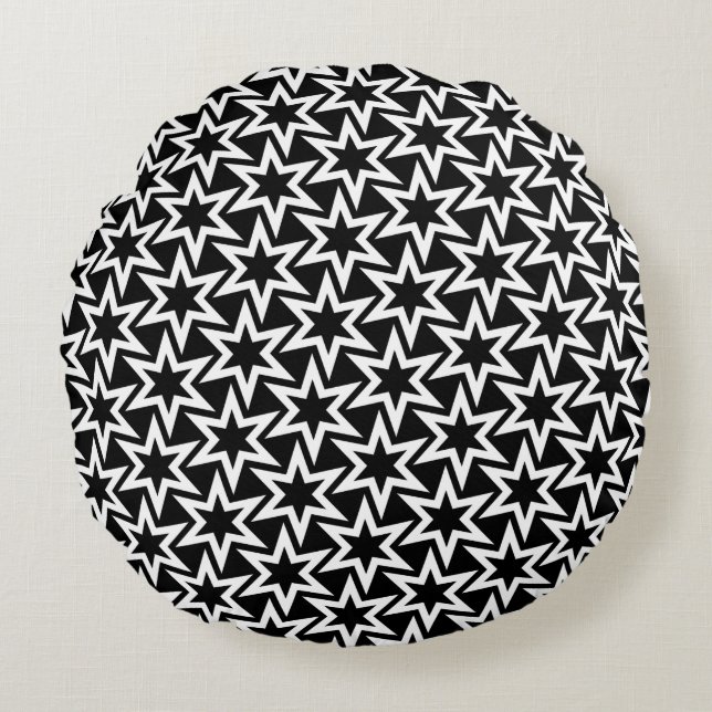 Elegantes Schwarz-Weiß-Geometrisches Sternmuster Rundes Kissen (Vorderseite)