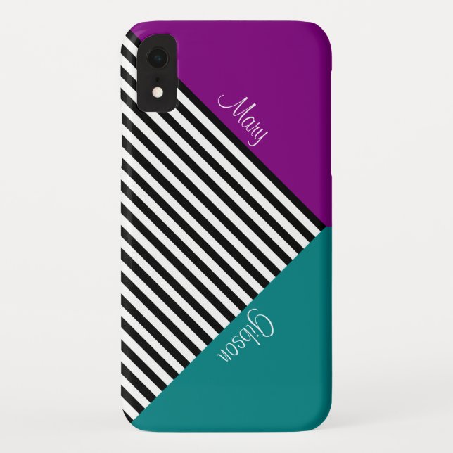 Elegantes Schwarz-weiß gestreiftes Lila Violett un Case-Mate iPhone Hülle (Rückseite)