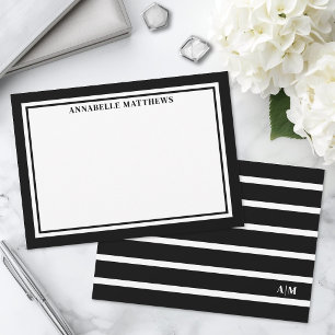 Elegantes Schwarz-Weiß gestreiftes Monogramm Mitteilungskarte