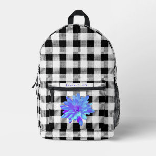 Elegantes Schwarz-Weiß-Gingham-Boho-Lila-Blumenmus Bedruckter Rucksack