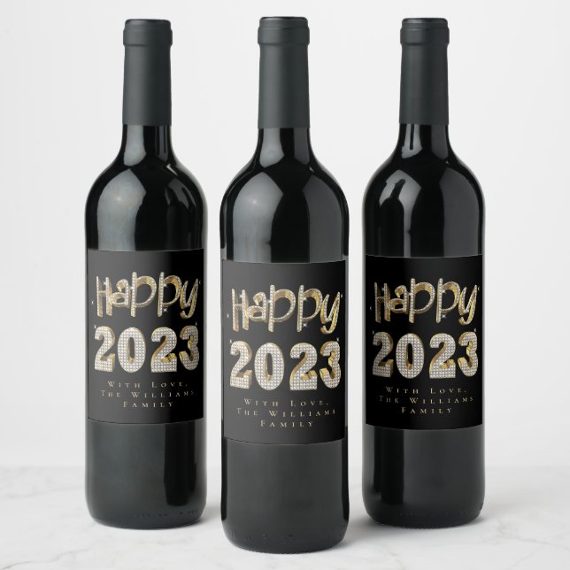 Elegantes Schwarz-Weiß-Gold-Happy New Year 2023 Weinetikett (Flaschen)