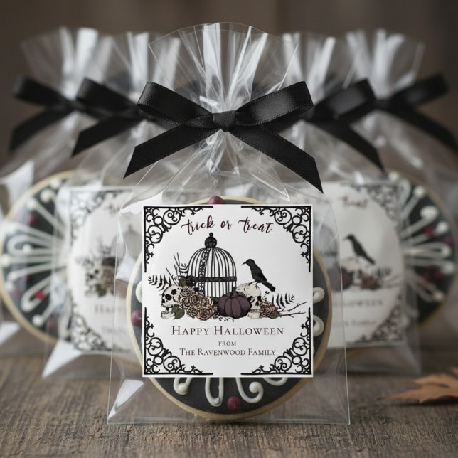 Elegantes Schwarz-Weiß-Gotik-Happy Halloween Quadratischer Aufkleber (Chic Gothic Happy Halloween White Sticker for Fall Party or Trick or Treat Favors. Floral Birdcage)