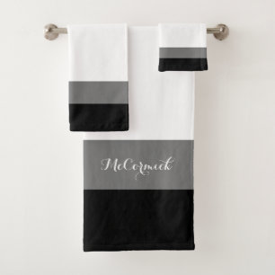 Elegantes Schwarz-weiß-Gray Stripes-Script-Monogr Badhandtuch Set