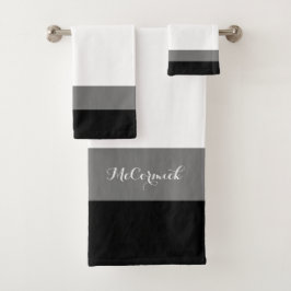 Elegantes Schwarz-weiß-Gray Stripes-Script-Monogra Badhandtuch Set