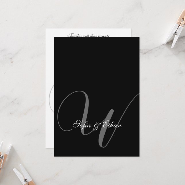 Elegantes Schwarz-weiß Hochzeitmonogramm Einladung (Vorderseite/Rückseite Beispiel)