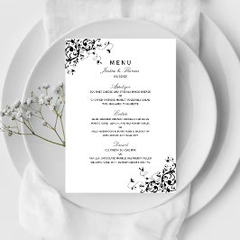 Elegantes Schwarz-Weiß-Hochzeitsmenü für Wirbel Menükarte