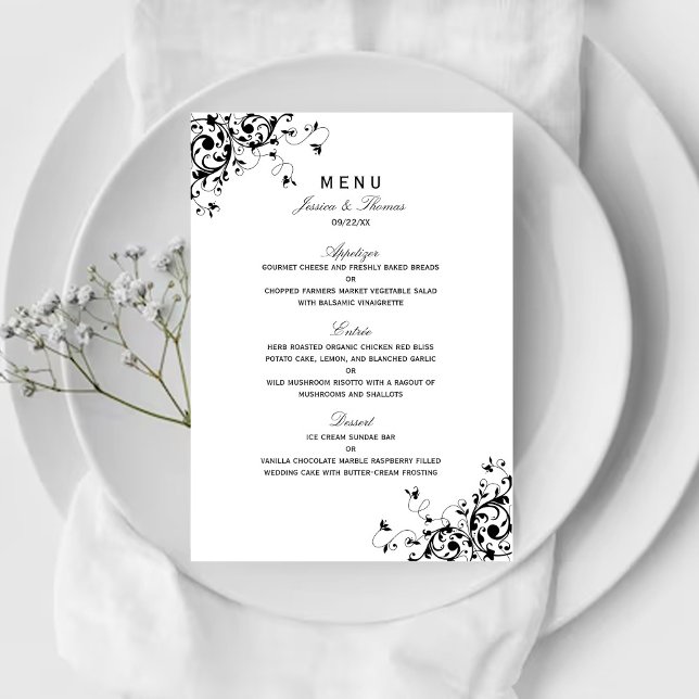 Elegantes Schwarz-Weiß-Hochzeitsmenü für Wirbel Menükarte (Von Creator hochgeladen)