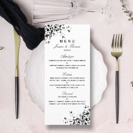 Elegantes Schwarz-Weiß-Hochzeitsmenü für Wirbel Menükarte