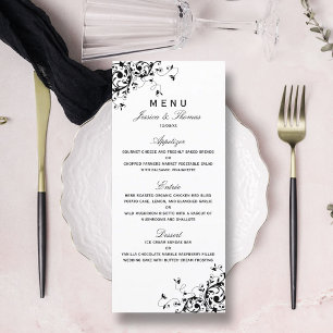 Elegantes Schwarz-Weiß-Hochzeitsmenü für Wirbel Werbekarte