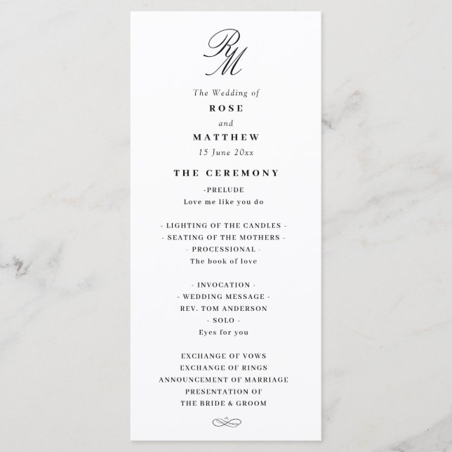 Elegantes Schwarz-Weiß-Hochzeitsprogramm Programm (Vorderseite)