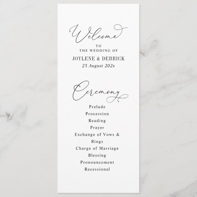elegantes Schwarz-Weiß-Hochzeitsskript Programm (Vorderseite)