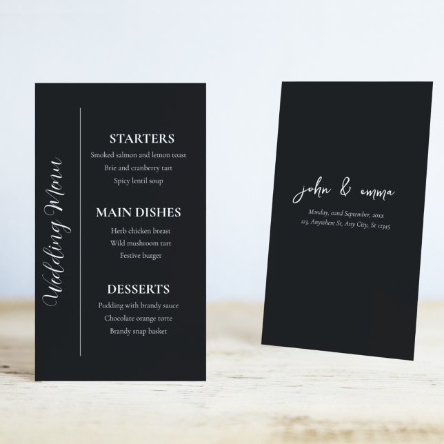 Elegantes Schwarz-Weiß-Hochzeitstil Menükarte (Food is the one that makes your guests remember you most, use this theme wedding menu card)