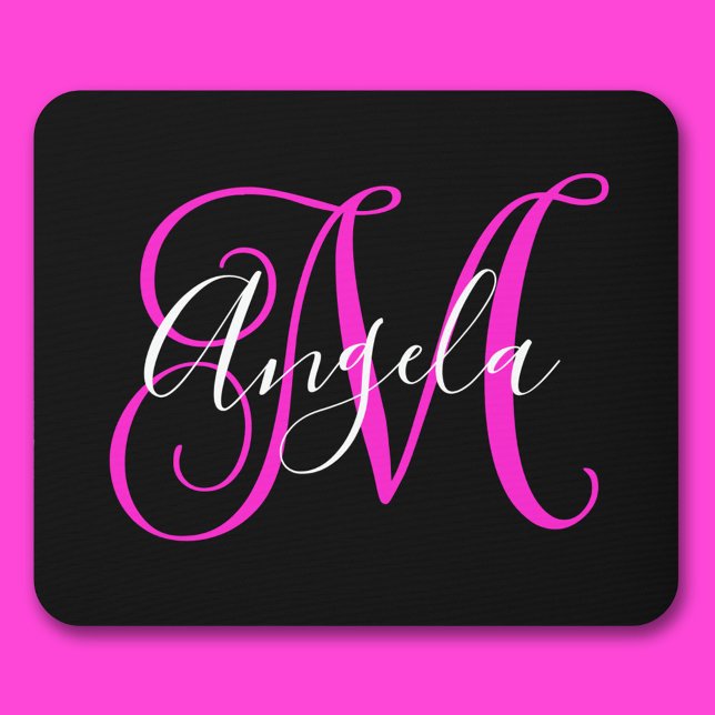 Elegantes Schwarz-Weiß-Hot-Magenta-Monogramm Mousepad (Elegant Script Black White Hot Magenta Monogram Mouse Pad)