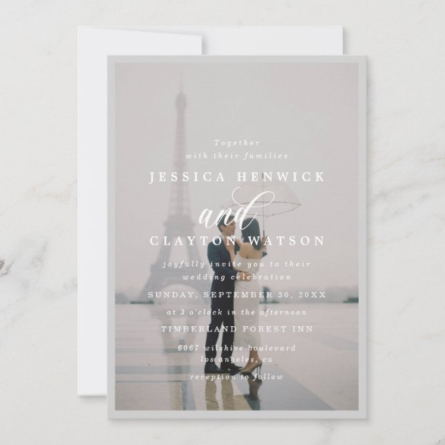 Elegantes Schwarz-Weiß-Imitat Vellum Foto Hochzeit Einladung (Vorderseite)