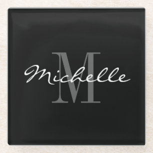 Elegantes Schwarz-Weiß-individuelle Name-Monogram Glasuntersetzer