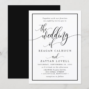Elegantes Schwarz-Weiß-Kalligrafie-Skript Hochzeit Einladung