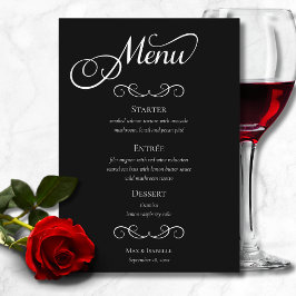 Elegantes Schwarz-Weiß-Kalligrafie-Skript Hochzeit Menükarte