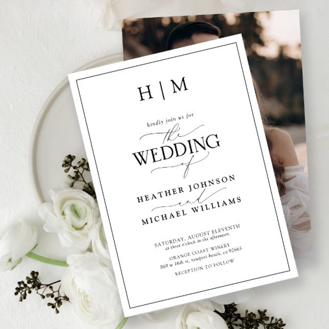 Elegantes Schwarz-Weiß-Kalligraphie-Monogramm-Foto Einladung (Wedding Invitation!)