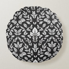 Elegantes Schwarz-Weiß-Leaf-Muster Rundes Kissen