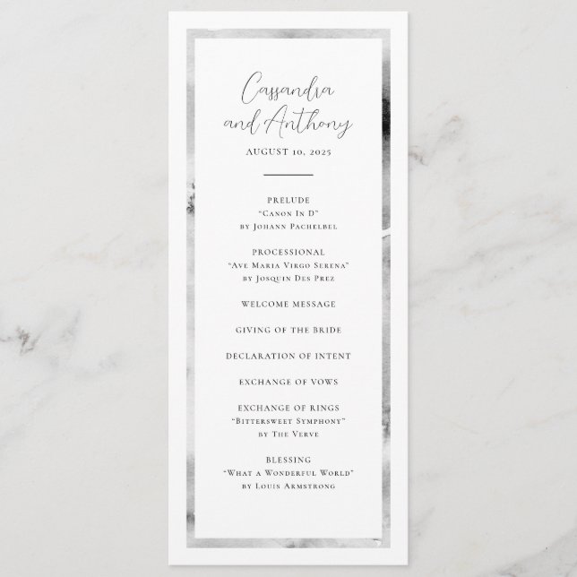 Elegantes Schwarz-Weiß-Marmor-Hochzeit Programm (Vorderseite)