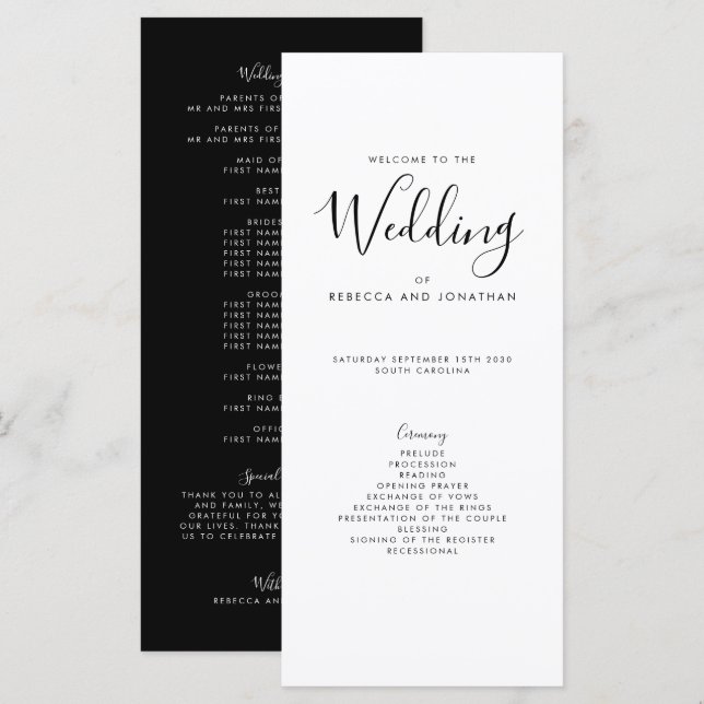 Elegantes Schwarz-weiß-Minimal-Hochzeitsprogramm (Vorne/Hinten)