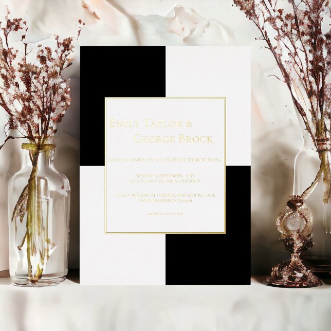 Elegantes Schwarz-Weiß-Minimalistisch-Hochzeitsgol Folieneinladung (Von Creator hochgeladen)