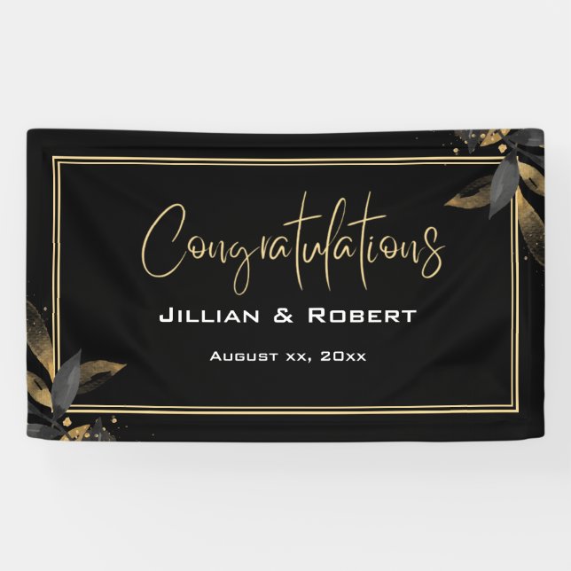 Elegantes Schwarz & Weiß, mit Gold-Hochzeitsempfan Banner (Horizontal)