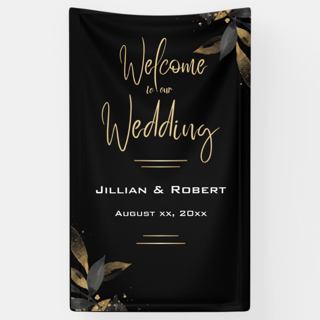 Elegantes Schwarz & Weiß, mit Gold-Hochzeitsempfan Banner (Vertikal)