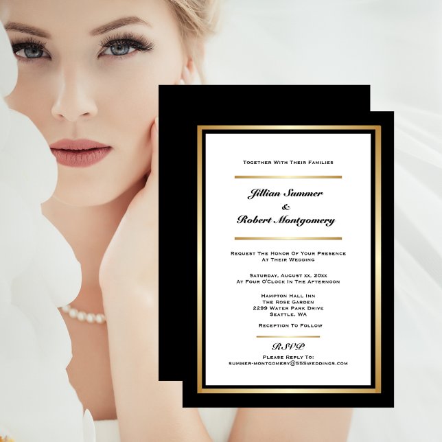 Elegantes Schwarz & Weiß mit Goldhochzeit Einladung (Elegant Black & White With Gold Wedding Invitation)