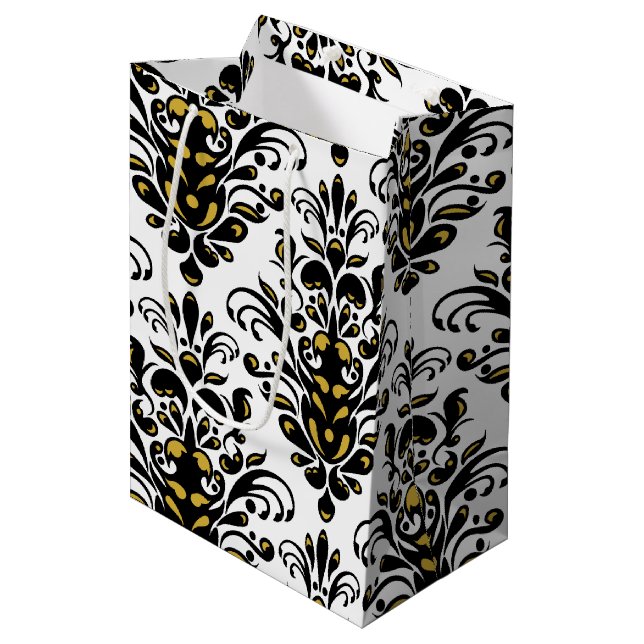 Elegantes Schwarz-Weiß mit Touch von Goldstaub Mittlere Geschenktüte (Vorderseite Schrägansicht)