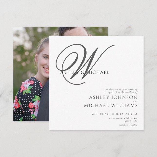 Elegantes Schwarz-Weiß-Monogramm-Foto Hochzeit Einladung (Vorne/Hinten)