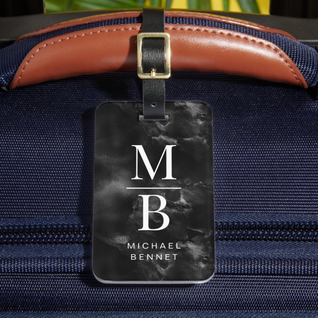 Elegantes Schwarz-Weiß-Monogramm Gepäckanhänger (Vorderseite Insitu 2)