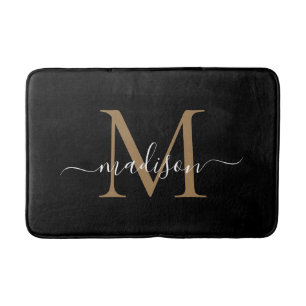 Elegantes Schwarz-Weiß-Monogramm-Girly-Script Badematte