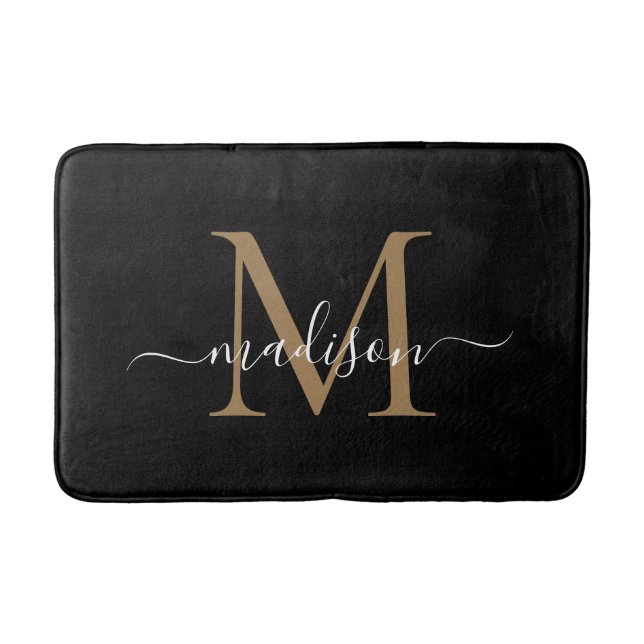 Elegantes Schwarz-Weiß-Monogramm-Girly-Script Badematte (Vorderseite)