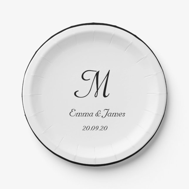 Elegantes Schwarz-Weiß-Monogramm-Hochzeitspapier Pappteller (Vorderseite)