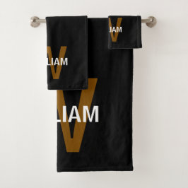 Elegantes Schwarz-Weiß-Monogramm Name Badhandtuch Set