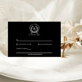 Elegantes Schwarz/Weiß-Monogramm-Wappen Hochzeit RSVP Karte