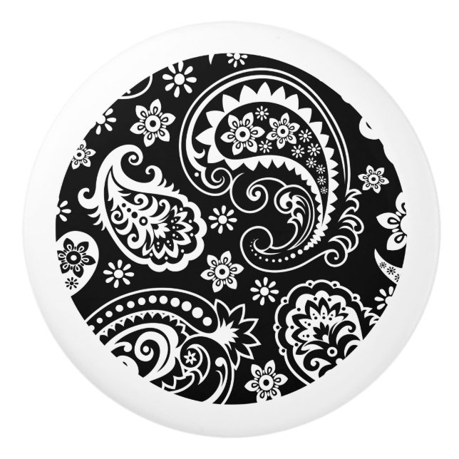 Elegantes Schwarz-Weiß-Paisley Keramikknauf (Vorderseite)