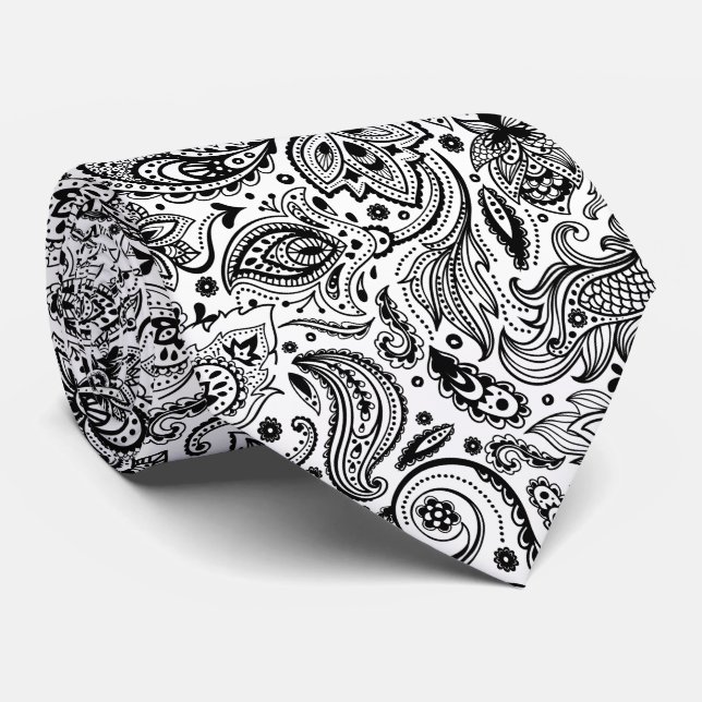 Elegantes Schwarz-Weiß-Paisley-Muster Krawatte (Gerollt)