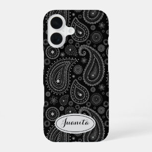 Elegantes Schwarz-Weiß-Paisley – Retro-Ost iPhone 16 Hülle