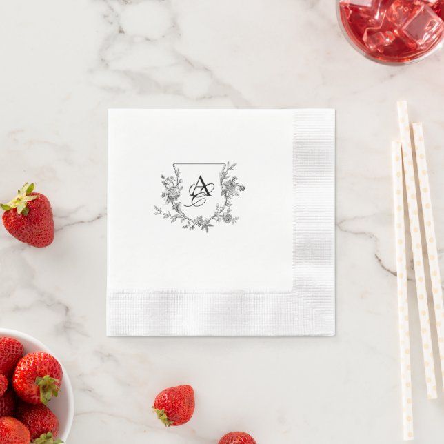 Elegantes Schwarz-Weiß-Peony-Monogramm Serviette (Beispiel)