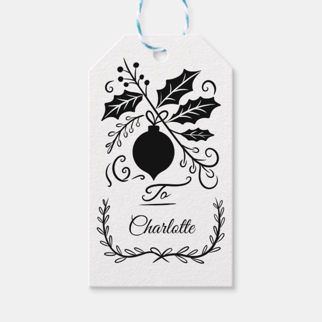 Elegantes Schwarz-Weiß-Personalisiertes Weihnachte Geschenkanhänger (Vorderseite)