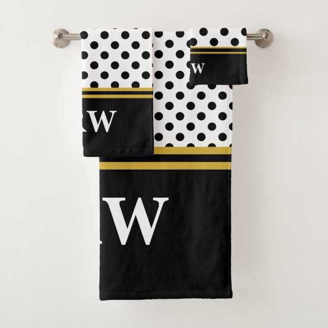 Elegantes Schwarz-Weiß-Polka-Punktmuster-Monogramm Badhandtuch Set (Insitu)