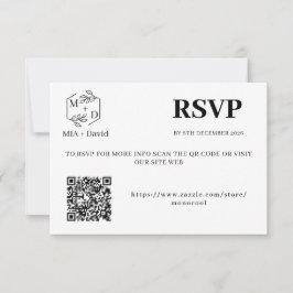 Elegantes Schwarz-Weiß-QR-Code-Hochzeitsmonogramm RSVP Karte