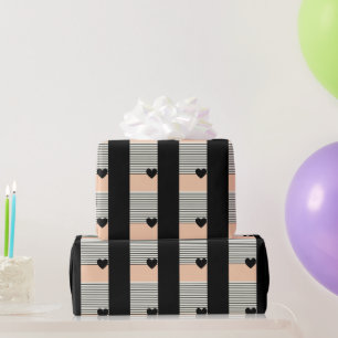 Elegantes Schwarz-Weiß-Rosa Herz & Streifen Gesche Geschenkpapier