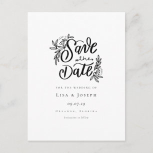Elegantes Schwarz-Weiß-Save-the-Date-Skript Postkarte