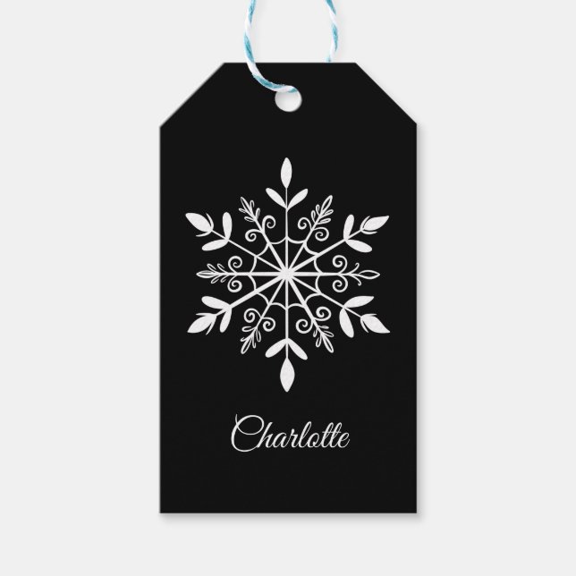 Elegantes Schwarz-Weiß-Schneeflocken Personalisier Geschenkanhänger (Vorderseite)