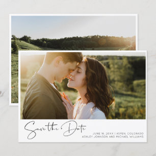 Elegantes Schwarz-Weiß-Script 2-Foto Save the Date Einladung